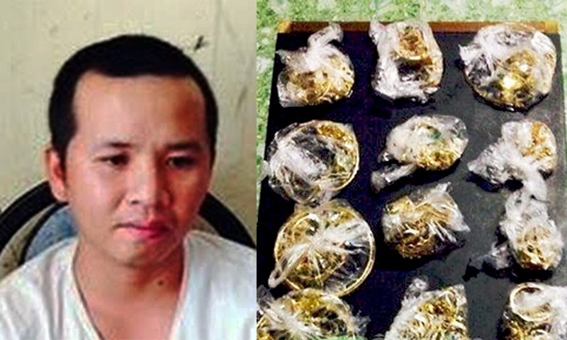 Cảnh sát thu giữ nhiều túi vàng do nhóm nghi can trộm được ở huyện Hoài Nhơn (Bình Định) và nghi can Nguyễn Tiến Thiện tại cơ quan điều tra