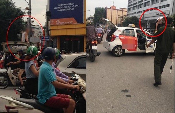 Hình ảnh nam tài xế leo lên nóc ô tô khi bị CSGT dừng xe.