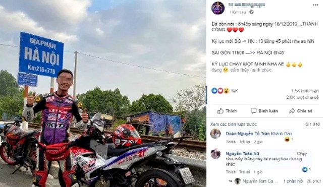 T.H.Đ.A. đăng "thành tích" một mình chạy xe máy từ Sài Gòn ra Hà Nội 19 tiếng 45 phút - Ảnh: chụp lại từ Facebook Tô Hà Đông Nghi