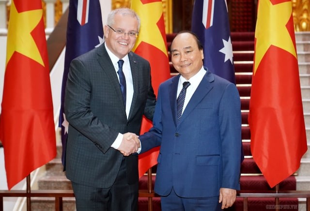 Thủ tướng Nguyễn Xuân Phúc và Thủ tướng Australia Scott Morrison tại Trụ sở Chính phủ. (Ảnh: Như Ý)
