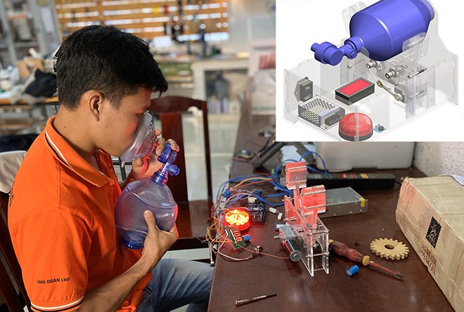 Mô hình máy trợ thở do nhóm sinh viên Khoa Cơ điện - điện tử Trường đại học Lạc Hồng nghiên cứu và chế tạo.