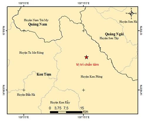 Tâm chấn trận động đất xảy ra tối qua tại Kon Tum. Đồ họa: Trung tâm báo tin động đất và cảnh báo sóng thần.