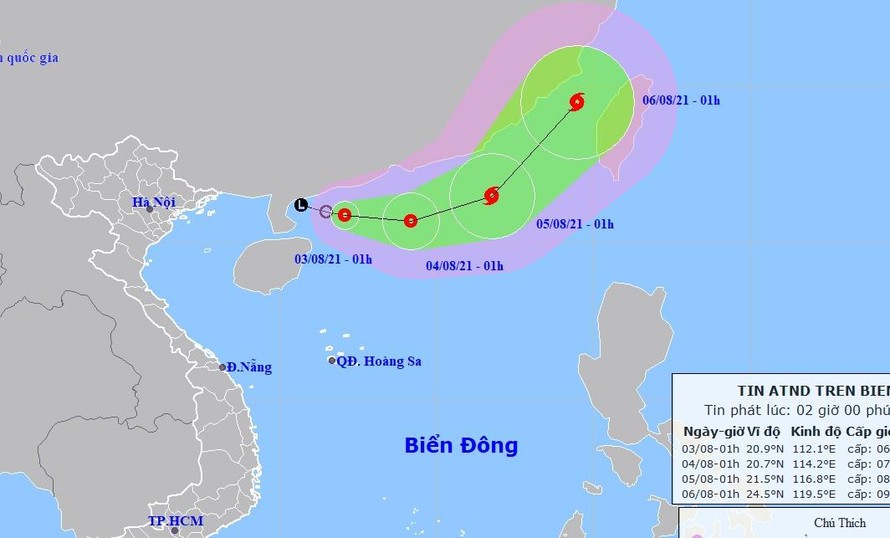 Dự báo đường đi và vùng ảnh hưởng của áp thấp nhiệt đới mới hình thành trên Biển Đông. Nguồn: Trung tâm Dự báo Khí tượng Thủy văn Quốc gia.