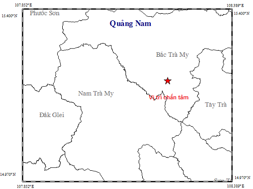 bản đồ tâm chấn trận động đất diễn ra trưa nay ở huyện Bắc Trà My