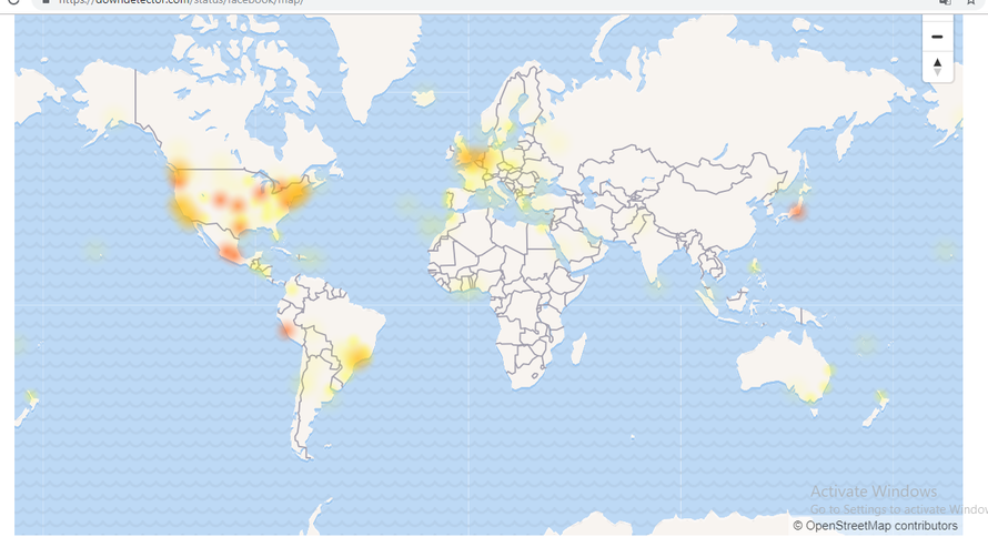 Những khu vực có nhiều người báo cáo Facebook gặp lỗi trên thế giới, theo ghi nhận của trang downdetector.com