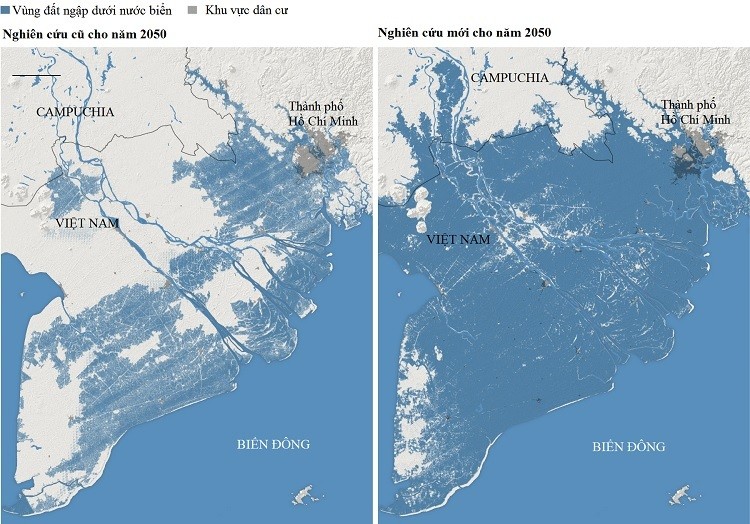 Đồ họa của New York Times về tình trạng ngập lụt ở Nam Bộ theo công bố cũ và mới của Tổ chức Climate central.