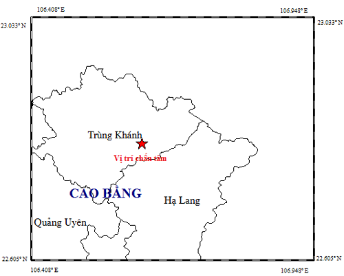 Tâm chấn trận động đất thứ 2 xảy ra tại huyện Trùng Khánh (Cao Bằng) trong sáng nay.