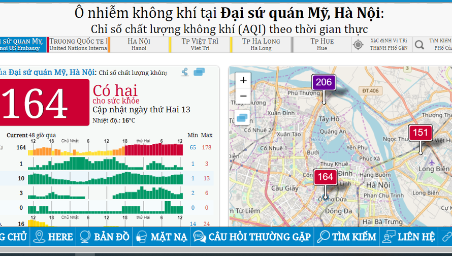 Ô nhiễm không khí Hà Nội trong chiều nay, theo ghi nhận của hệ thống Đại sứ quán Mỹ.