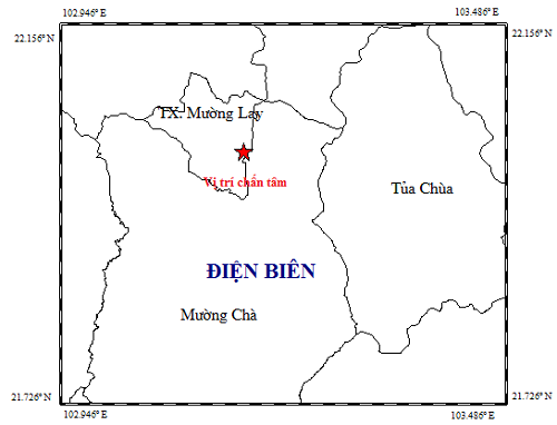 Tâm chấn trận động đất xảy ra sáng nay tại tỉnh Điện Biên. 