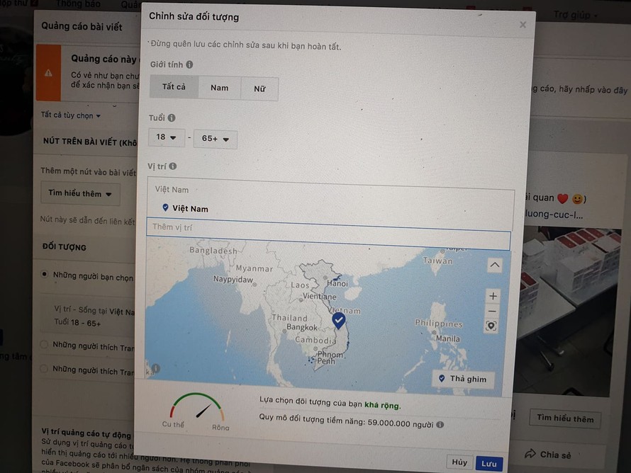 Bản đồ Việt Nam trong tính năng chạy quảng cáo của Facebook thiếu hai quần đảo Hoàng Sa và Trường Sa. 