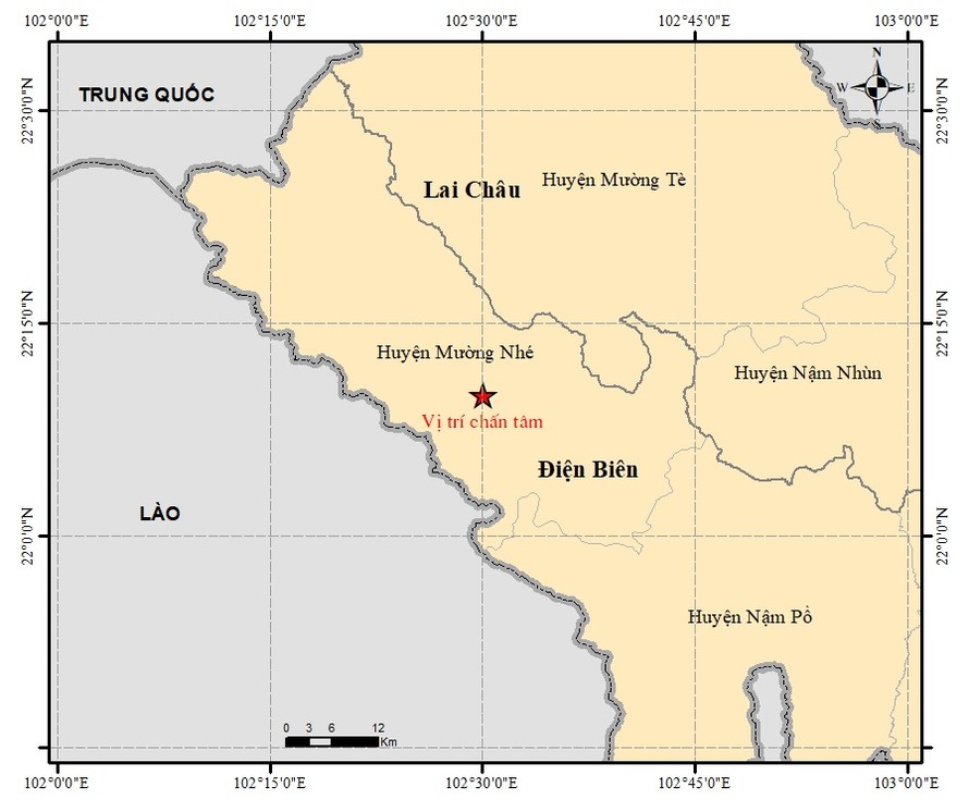 Vị trí nơi xảy ra trận động đất tại Điện Biên.