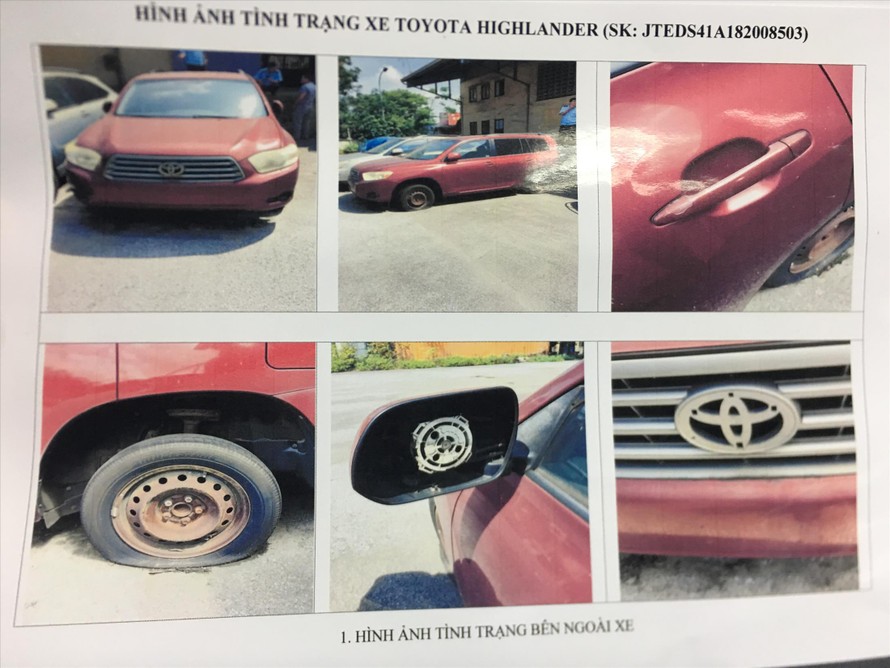 Ảnh chụp tình trạng xe Toyota Highlander để định giá bán cho thấy xe bị hư hỏng nhiều bộ phận; Anh: Cục hải quan Hải phòng cung cấp