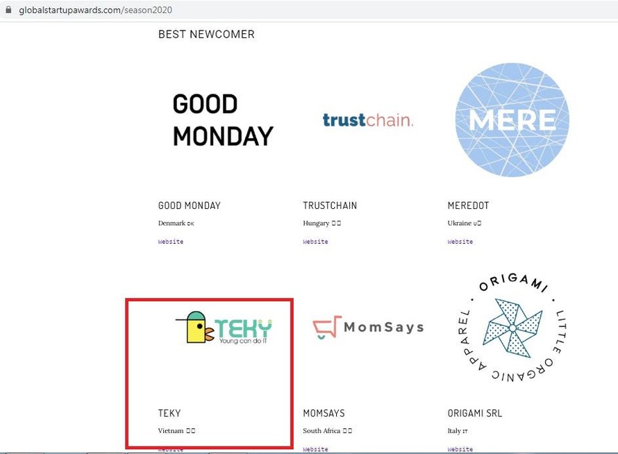 Teky là đại diện duy nhất của Việt Nam được đề cử giải thưởng startup toàn cầu 2020. Ảnh chụp màn hình website ban tổ chức