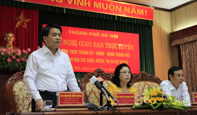 Chủ tịch UBND Thành phố Hà Nội Nguyễn Đức Chung phát biểu tại Hội nghị. Ảnh: Trường Phong