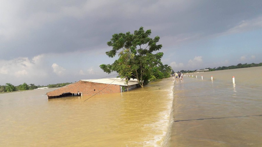 Nước lũ ngập nhiều ngôi nhà sau sự cố đê Bùi 2 ở xã Hoàng Văn Thụ (Chương Mỹ, Hà Nội)