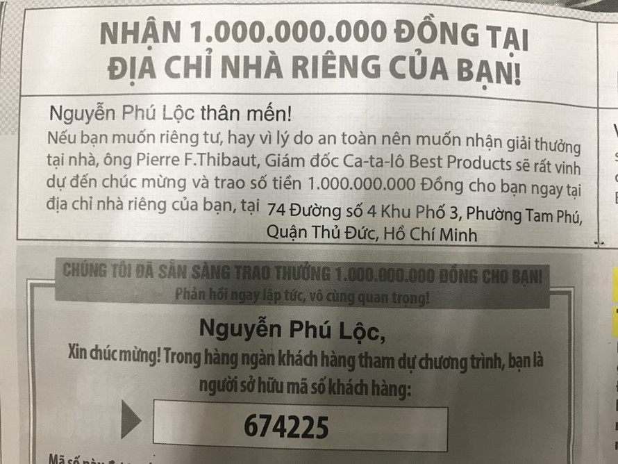 Thông báo trúng thưởng tiền tỷ nhưng thực tế chỉ là... ví dụ minh họa