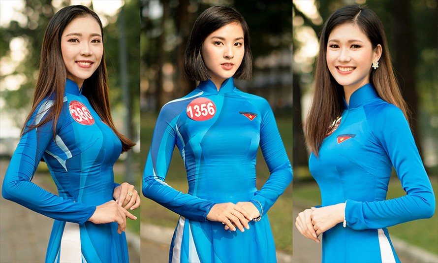 45 thí sinh lọt vào vòng Chung kết Hoa khôi Sinh viên Việt Nam đã cùng khoe sắc, thể hiện nét trẻ trung nền nã với tà áo dài màu xanh thanh niên