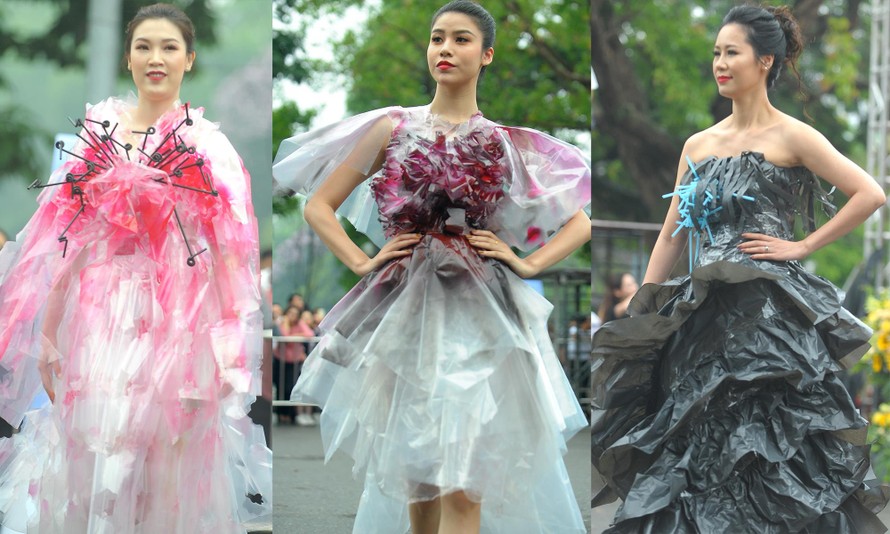 Dàn người đẹp trình diễn trang phục dạ hội từ túi nilon, ống hút nhựa