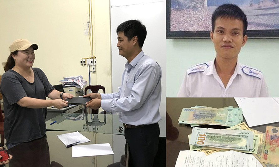 Đại diện hãng taxi trao lại ví cho nữ hành khách Hàn Quốc (ảnh lớn). Tài xế Nguyễn Văn Tranh (ảnh nhỏ) và số tiền gần 45 triệu đồng trong ví (ảnh nhỏ). 