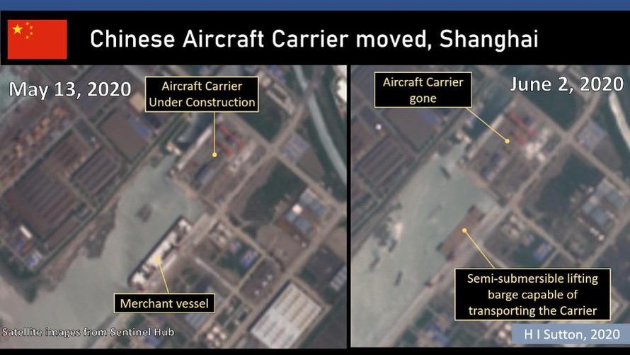 Hình ảnh vệ tinh chụp hai thời điểm trong tháng 5 và tháng 6 cho thấy con tàu sân bay Trung Quốc đã biến mất