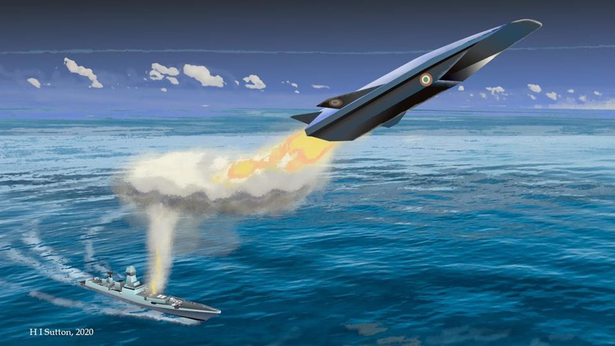 Bản vẽ mô tả cảnh tàu chiến Ấn Độ phóng tên lửa chống hạm siêu vượt âm
