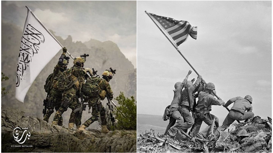 Tấm ảnh Taliban tung ra (trái) để chế nhạo bức ảnh cắm cờ trên đảo Iwo Jima nổi tiếng.