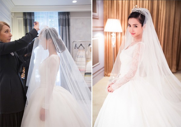 Kết hợp cùng chiếc váy cưới lộng lẫy là voan dài và vương miện kim cương được Huỳnh Hiểu Minh đặt trong một chuyến đi Châu Âu 