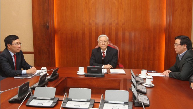 Tổng Bí thư Nguyễn Phú Trọng điện đàm với Tổng Bí thư - Chủ tịch nước Trung Quốc Tập Cận Bình. Ảnh: ttxvn