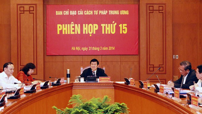 Chủ tịch nước Trương Tấn Sang chủ trì phiên họp thứ 15 Ban Chỉ đạo Cải cách Tư pháp Trung ương. Ảnh: TTXVN