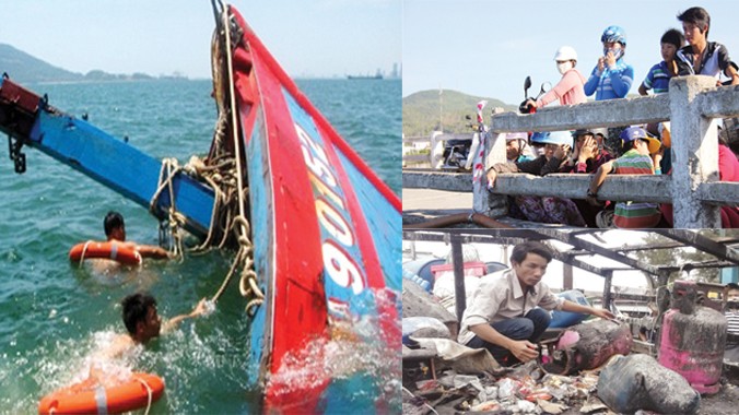 Tàu ĐNA 90152 bị tàu Trung Quốc đâm chìm; Người thân ngóng chờ các ngư dân bị Trung Quốc bắt; Cabin trên tàu cá bị tàu Trung Quốc thiêu rụi đầu năm 2013. Ảnh: PV