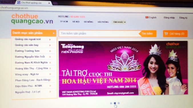 Trên trang web của mình, Công ty Cho thuê quảng cáo Việt Nam tự ý treo quảng cáo và quyền lợi các gói tài trợ cho cuộc thi Hoa hậu Việt Nam, sau khi báo đăng mới được gỡ bỏ. Ảnh: L.N