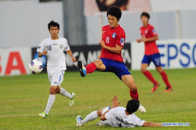 Hàn Quốc (áo đỏ) là thế lực của U19 châu Á. Ảnh: News.cn