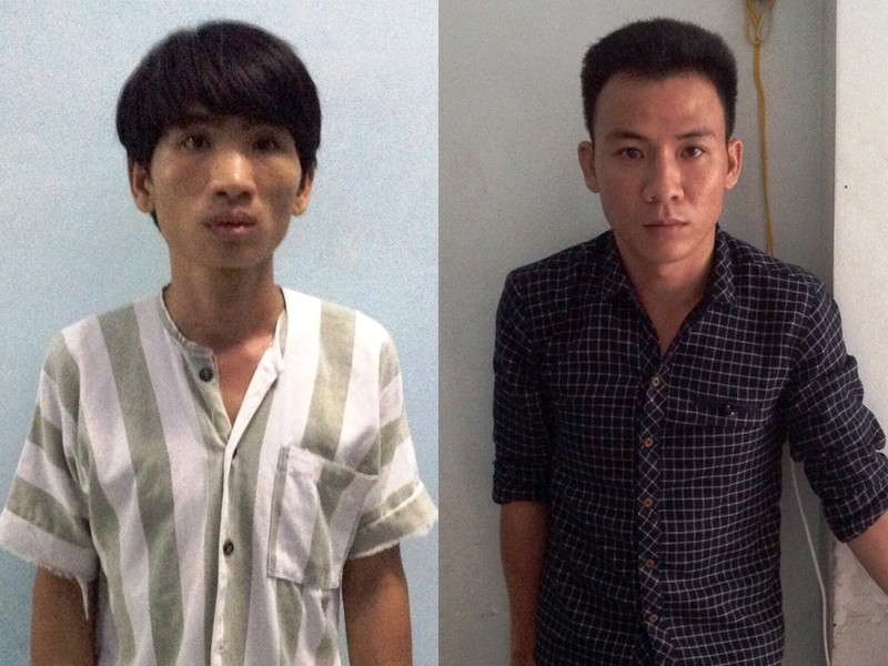 Hai đối tượng Ngô Quốc Vương và Đặng Xuân Lưu bị bắt tại cơ quan công an. Ảnh CA cung cấp