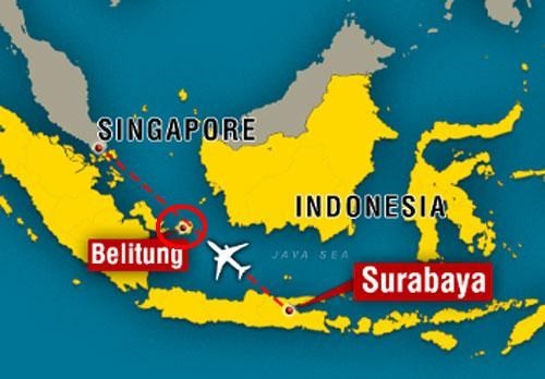 Vị trí dự đoán máy bay QZ5801 rơi cách đảo Belitung chừng 80-100 hải lý - Ảnh: MediaCorp