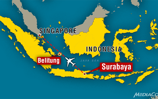 Bản đồ chỉ ra vị trí QZ8501 mất liên lạc với kiểm soát không lưu. 