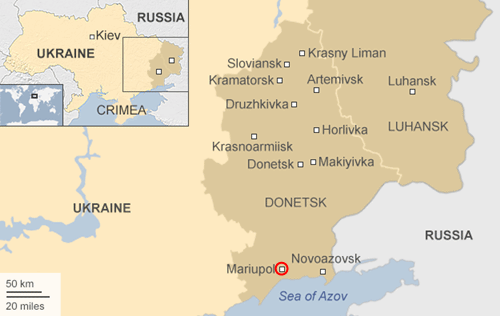Vị trí thành phố Mariupol và thị trấn Novoazovsk ở miền đông nam Ukraine. Đồ họa: BBC.