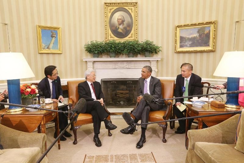 Tổng Bí thư Nguyễn Phú Trọng hội đàm với Tổng thống Mỹ Barack Obama tại Nhà Trắng ngày 7/7. Ảnh: TTXVN