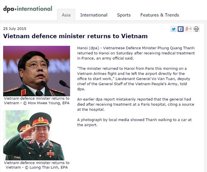 Bản tin cải chính về tình hình sức khỏe Đại tướng Phùng Quang Thanh của DPA (Ảnh chụp màn hình)