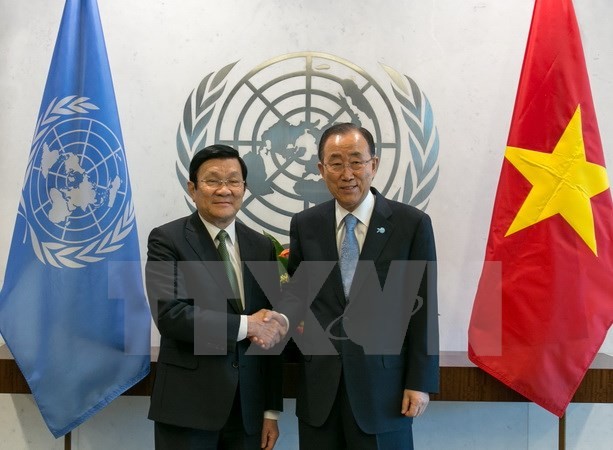 Chủ tịch nước Trương Tấn Sang gặp Tổng thư ký Liên hiệp quốc Ban Ki-moon. Ảnh: TTXVN 
