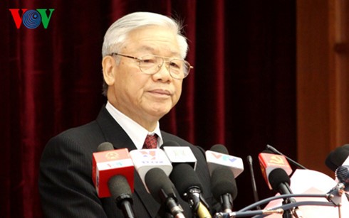 Tổng Bí thư Nguyễn Phú Trọng chủ trì và phát biểu khai mạc Hội nghị Trung ương 14. Ảnh: VOV