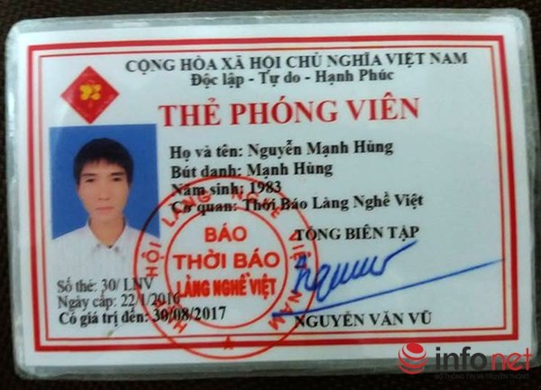 Phóng viên Mạnh Hùng của Thời báo Làng Nghề Việt đã bị khởi tố, bắt tạm giam do hành vi cưỡng đoạt tài sản. Ảnh: Infonet