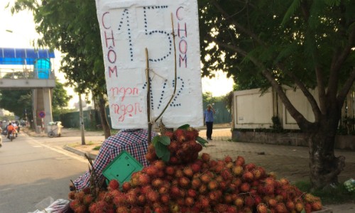 Bảng giá niêm yết theo 1/2 kg nhằm "đánh lừa" người mua của dân buôn hoa quả vỉa hè. Ảnh: H.T.