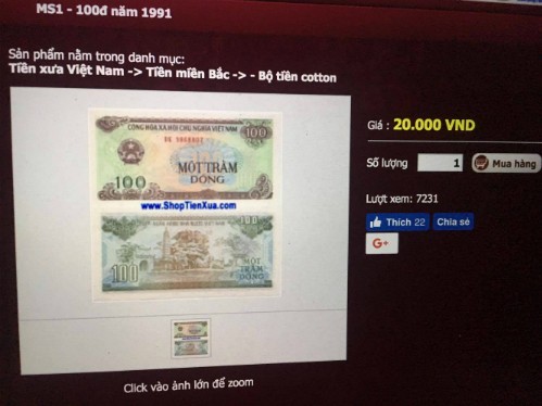 Tiền 100 đồng được rao bán trên mạng với giá 20.000 đồng mỗi tờ. Ảnh chụp màn hình. 