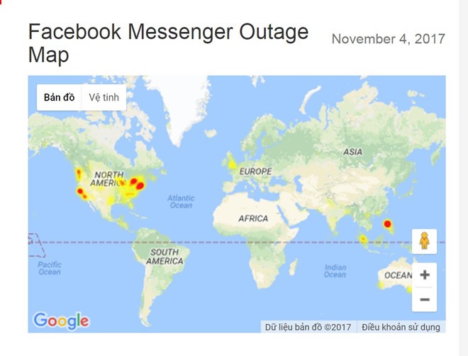 Công cụ downdetector cho thấy Facebook vừa gặp sự cố tại nhiều nước ở châu Mỹ, châu Âu và một phần châu Á. 