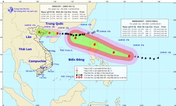 Vị trí, hướng di chuyển của bão số 5 và siêu bão Mangkhut. (Ảnh: NCHFM).