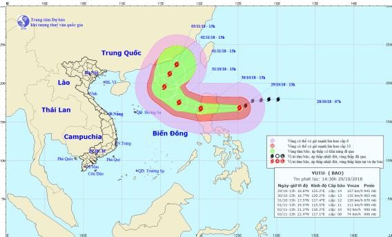 Hướng di chuyển của bão Yutu. Ảnh: NCHMF.