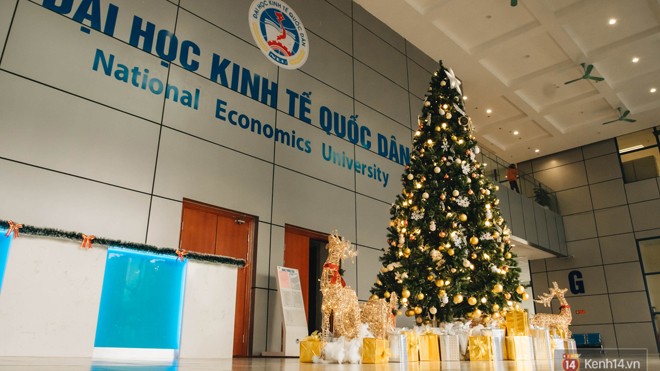 Cây thông noel ở Trường ĐH Kinh tế quốc dân đã tạo nên không khí Giáng sinh đầy ấm cúng với một cây thông cao, trang trí màu vàng rất sang kèm theo vô số hộp quà, tuần lộc bên dưới.