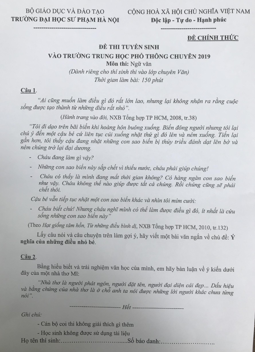 Đề thi Ngữ Văn trường THPT Chuyên ĐH Sư phạm: TS Trịnh Thu Tuyết nói gì?