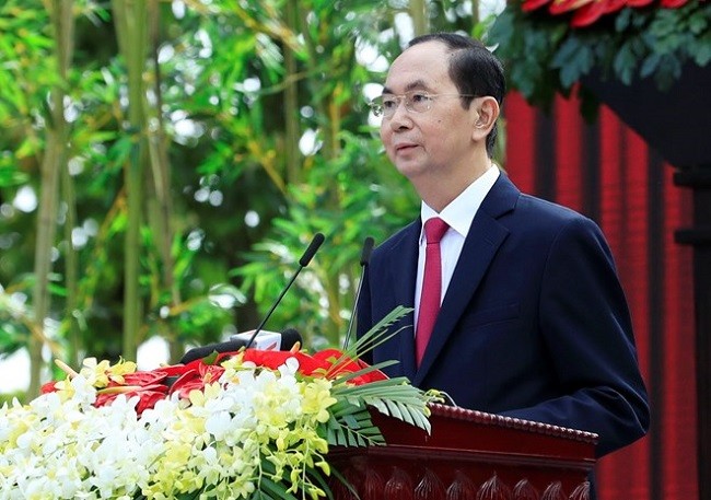 Chủ tịch nước Trần Đại Quang đọc diễn văn kỷ niệm 130 năm Ngày sinh Chủ tịch Tôn Đức Thắng, ngày 20/8. (Ảnh: Nhan Sáng/TTXVN)
