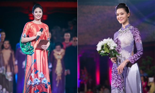 Hoa hậu Ngọc Hân và Thùy Dung trong đêm diễn 'Áo dài của chúng ta' tại Văn Miếu tối 18/10.